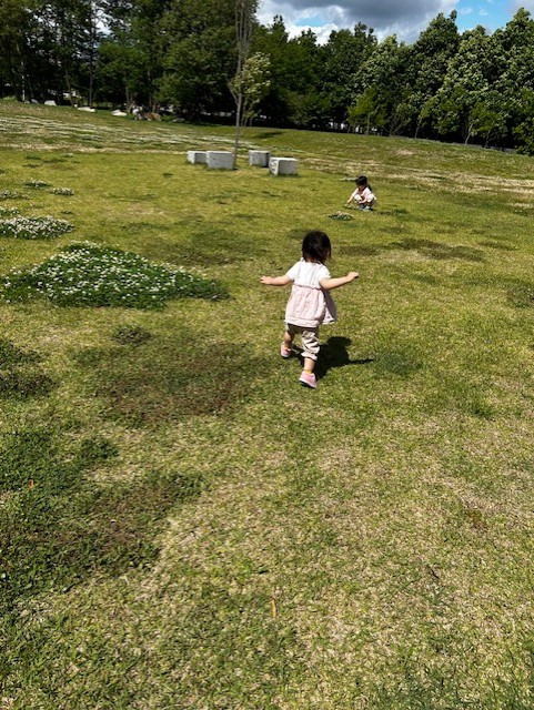 娘が芝生に走り出した